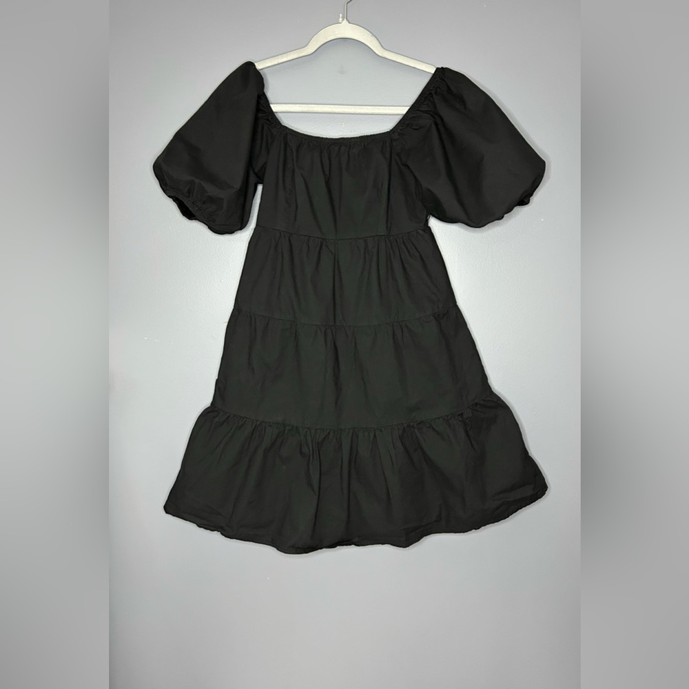Sim & Sam Dress Womens M Black Puff Sleeve Smocked Tiered Babydoll Mini Milkmaid